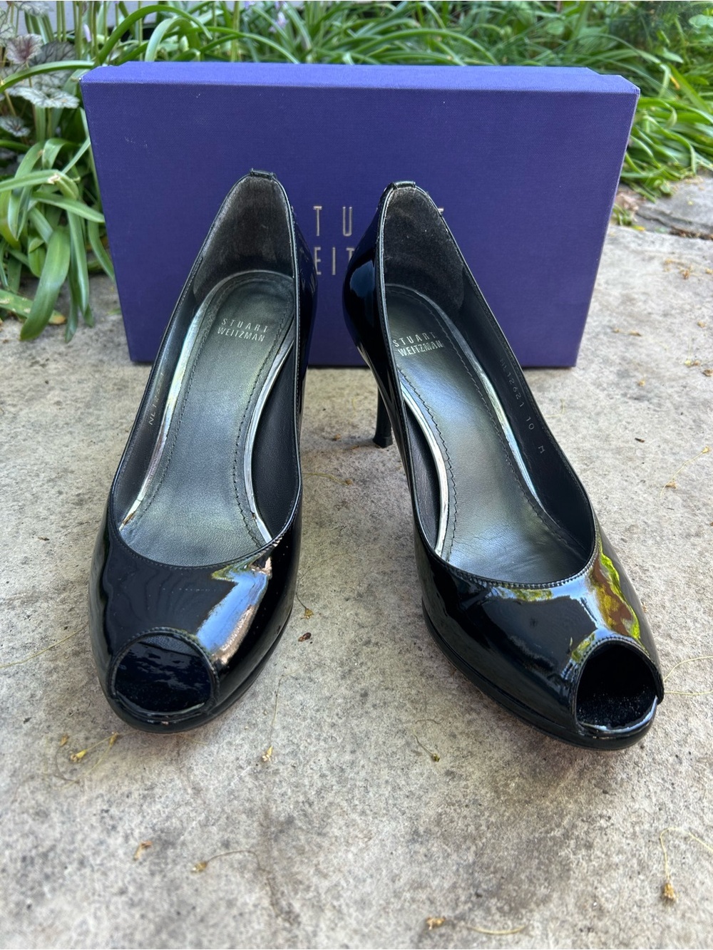 Stuart Weitzman Black Patent LogoPolly peep toe heels, size 10